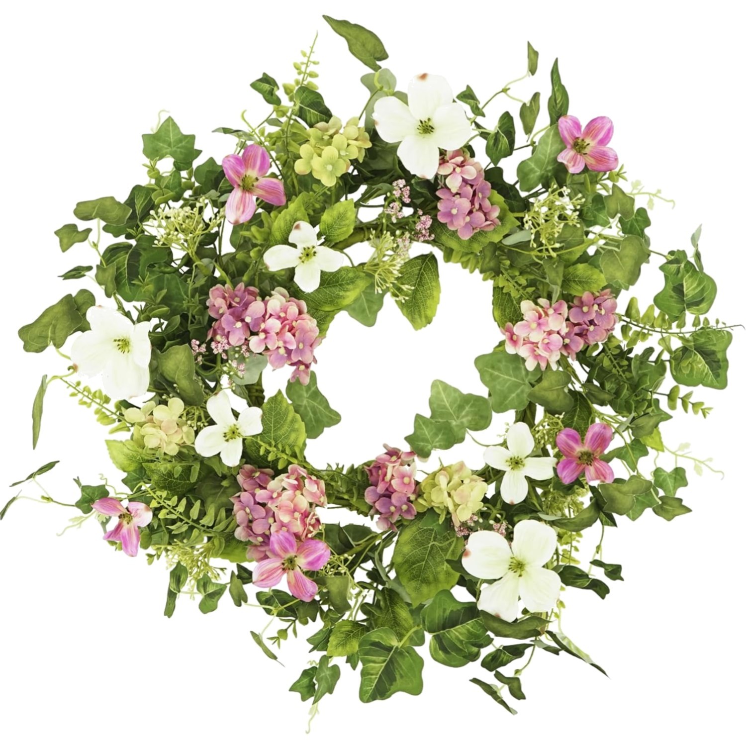 Spring Summer Wreath 20″ Pink Hydrangea Eucalyptus Leaves Home Decor