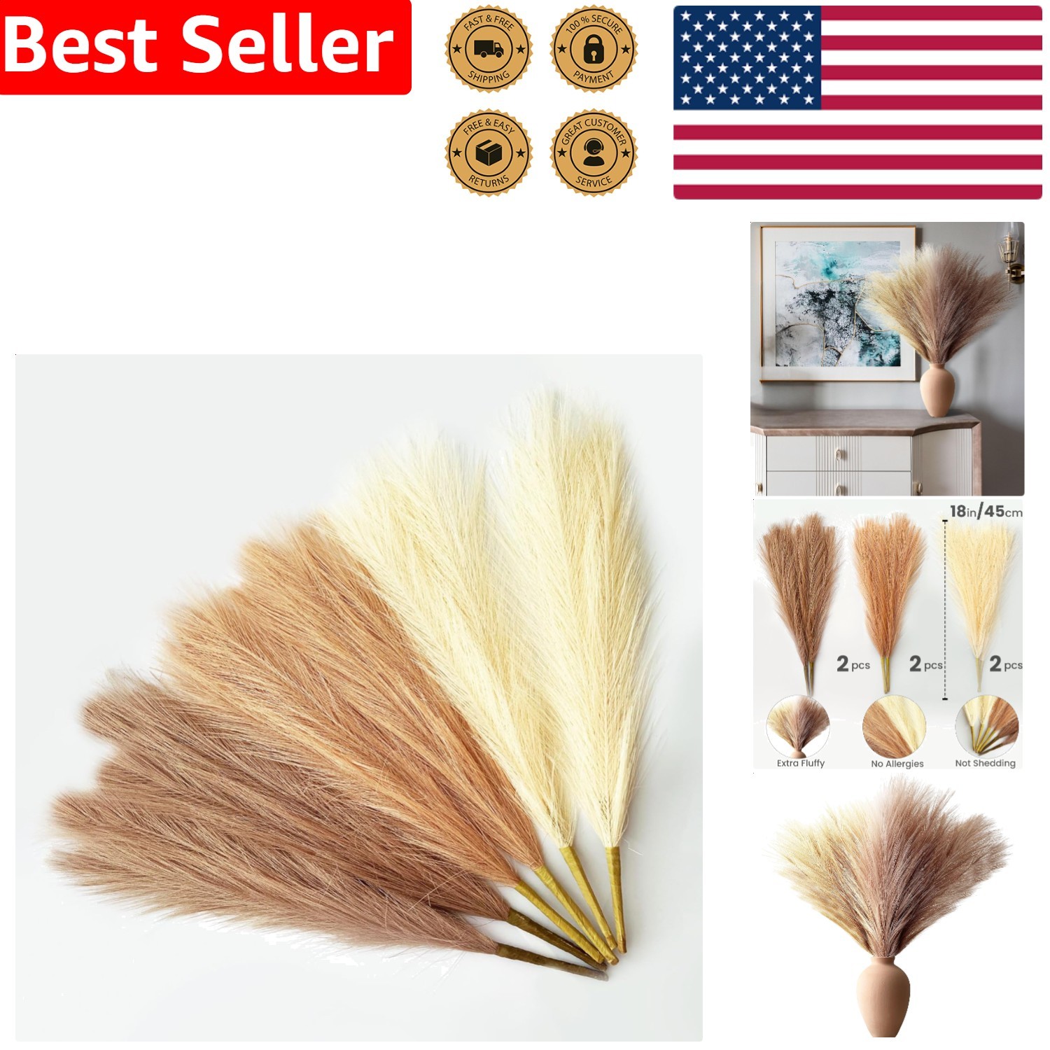 Boho Faux Pampas Grass 6 Stems Beige Curry Brown Silk Artificial Flower Decor