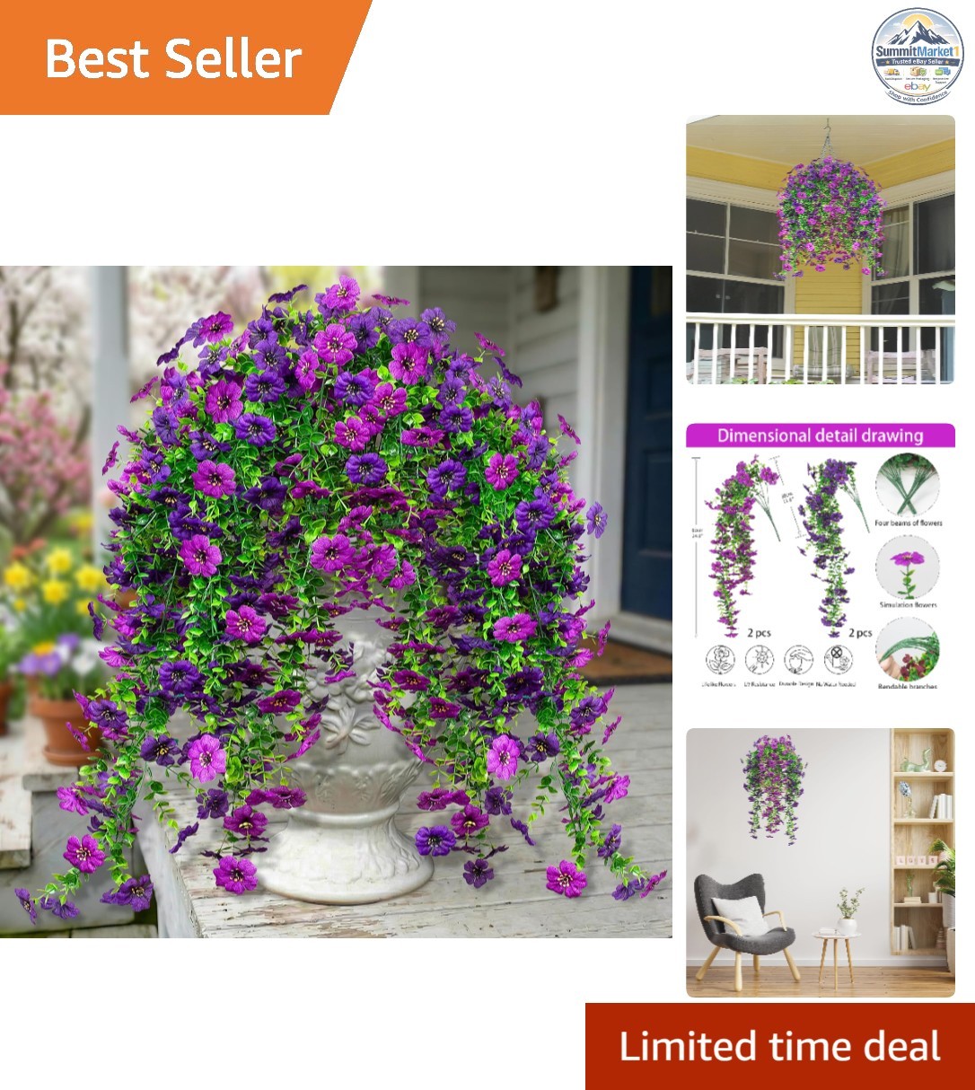 Artificial Flowers Hanging Garden Decoration 4Pcs Purple Violet