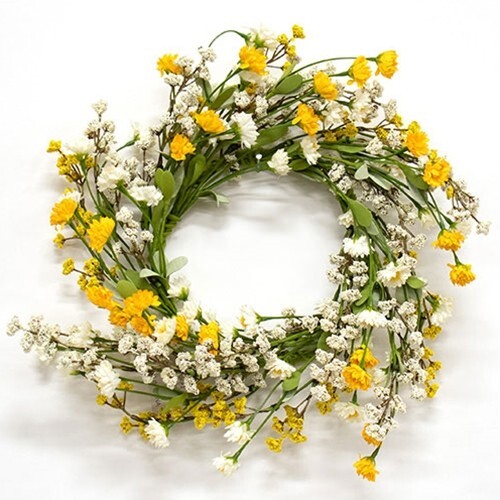 New PRIMITIVE CANDLE RING YELLOW CREAM Floral WREATH 6.5″ x 12″-14″ Cottage Chic