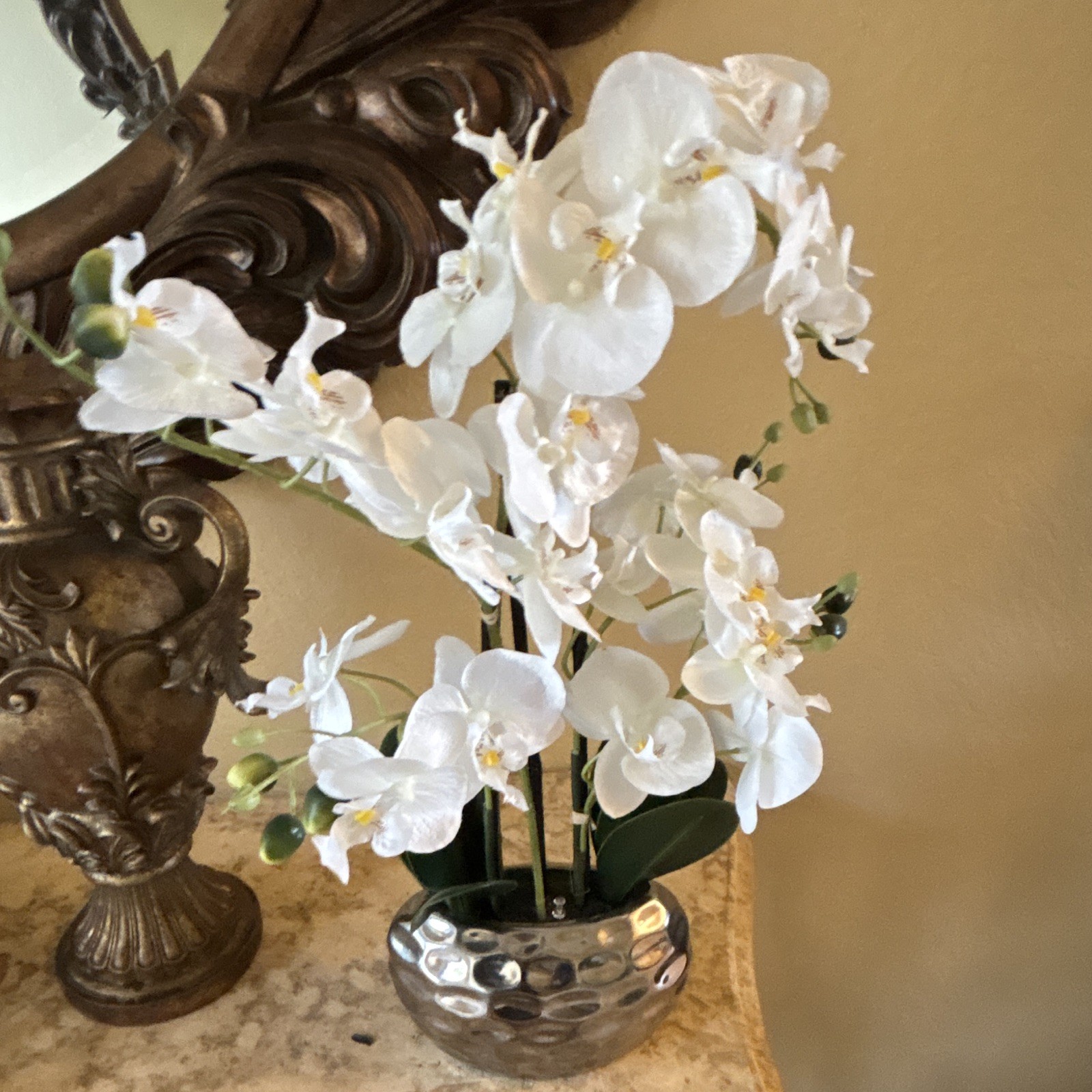Artificial White & Green Orchid Flower Arrangement in Silver Vase Centerpiece