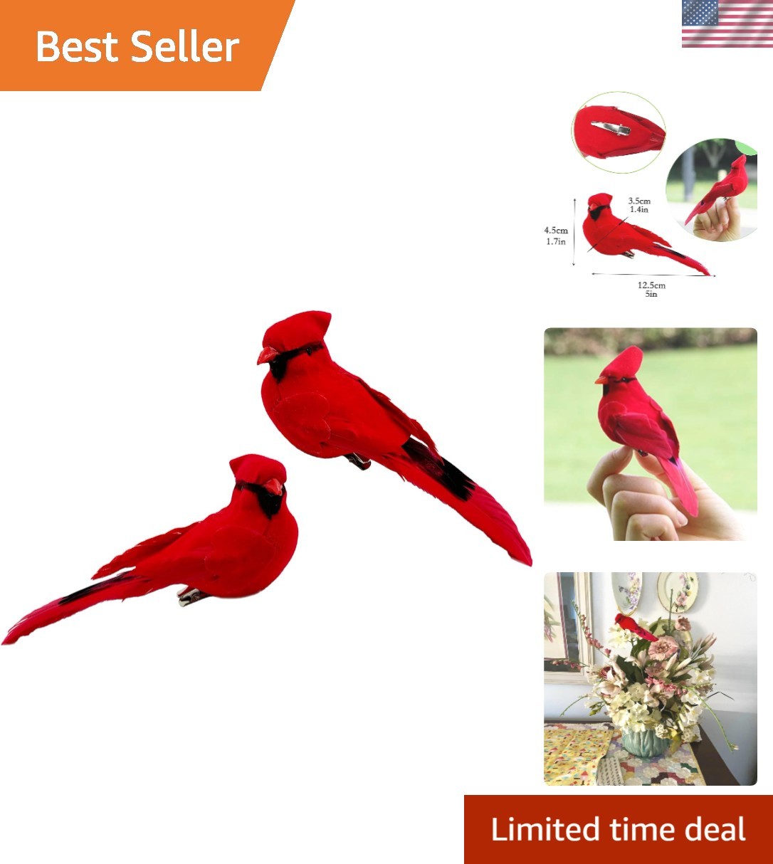 Elegant Set of 2 Red Cardinal Birds – Artificial Decor for Christmas & Weddings