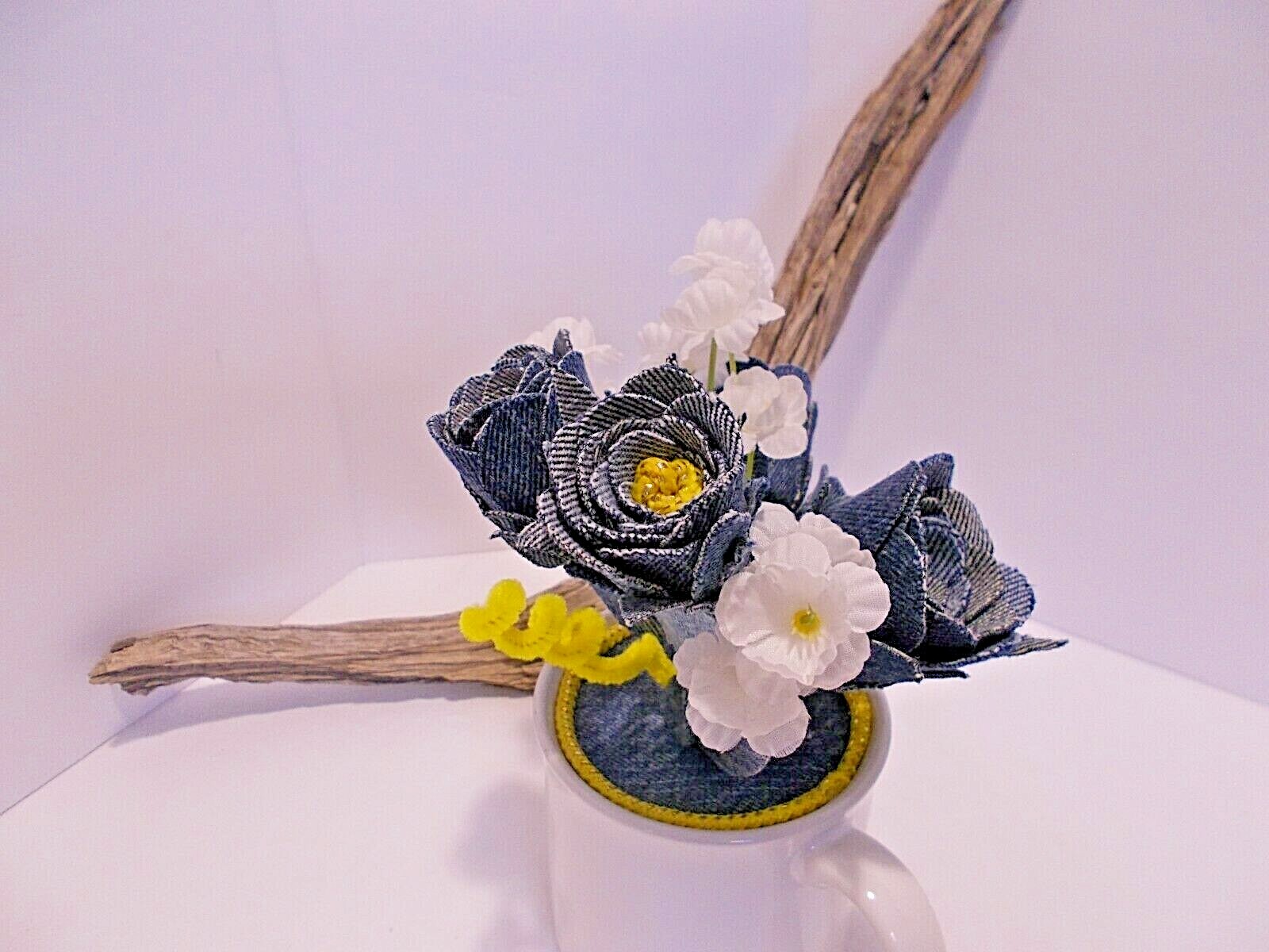 Southpaw Comics Coffee Mug w Handmade Denim Roses and Denim Seams Jar Vase