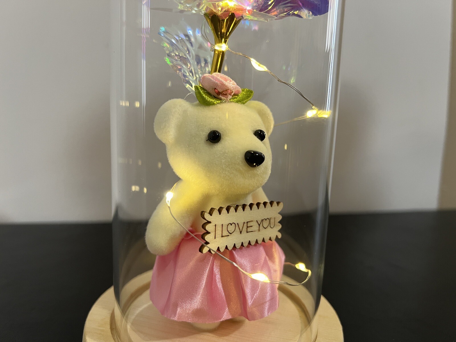 Rose in Glass Dome with Bear LED Gifts for Her Women Rose Alout