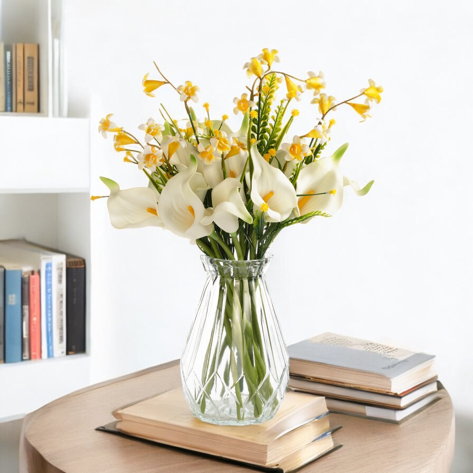 13″ Mixed Real Touch Calla Lily Flower with Filler in Glass Vase for Home Decor