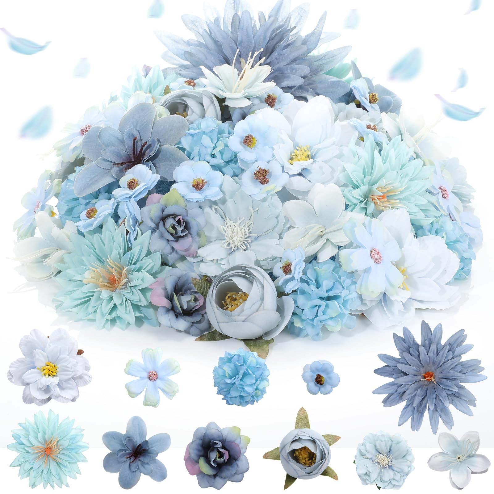 80 Pcs Blue Assorted Mini Silk Daisy Peony Rose Faux Flower Heads Bulk