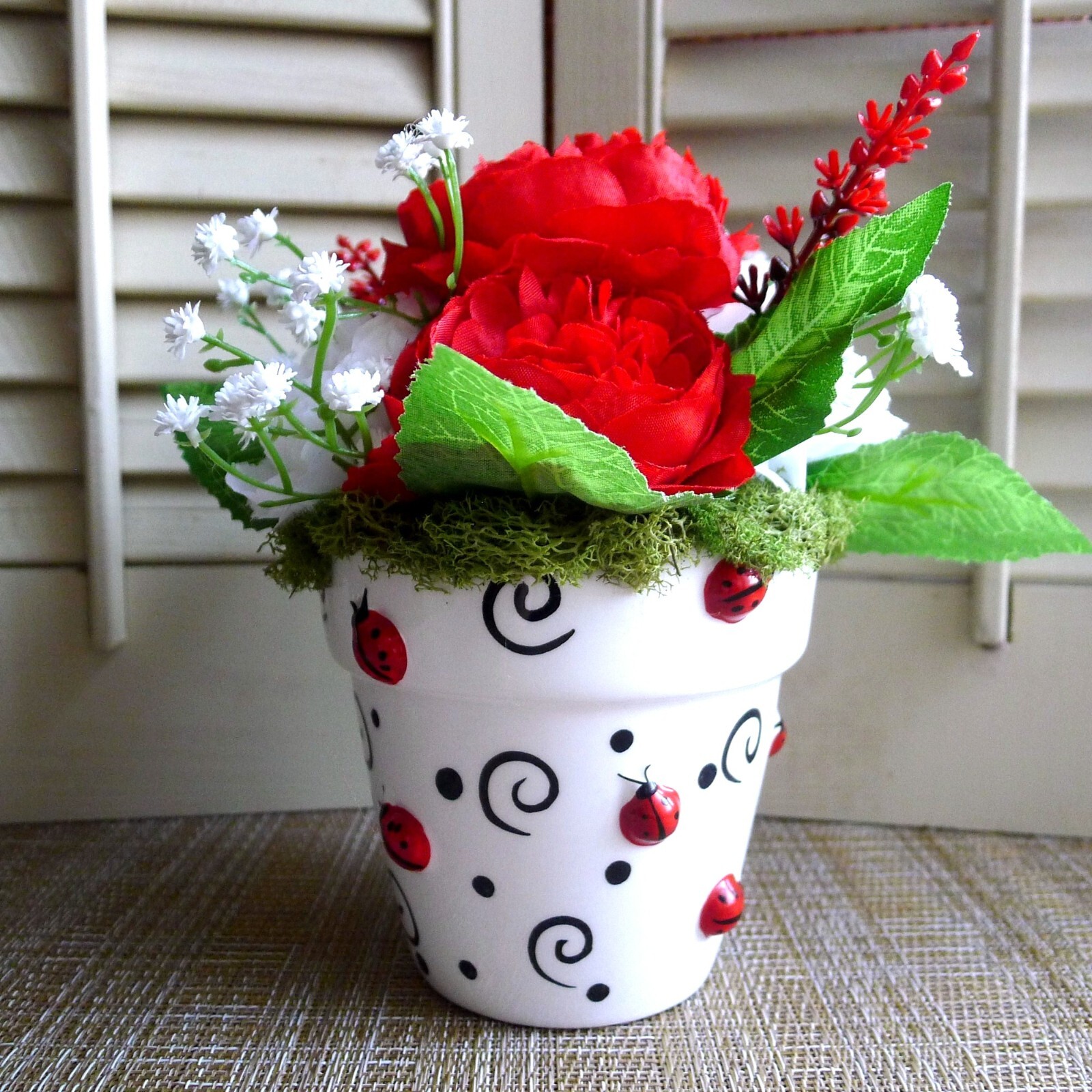 Ladybug Loveliness Flower Arrangement Red and White OOAK Floral Vintage Planter