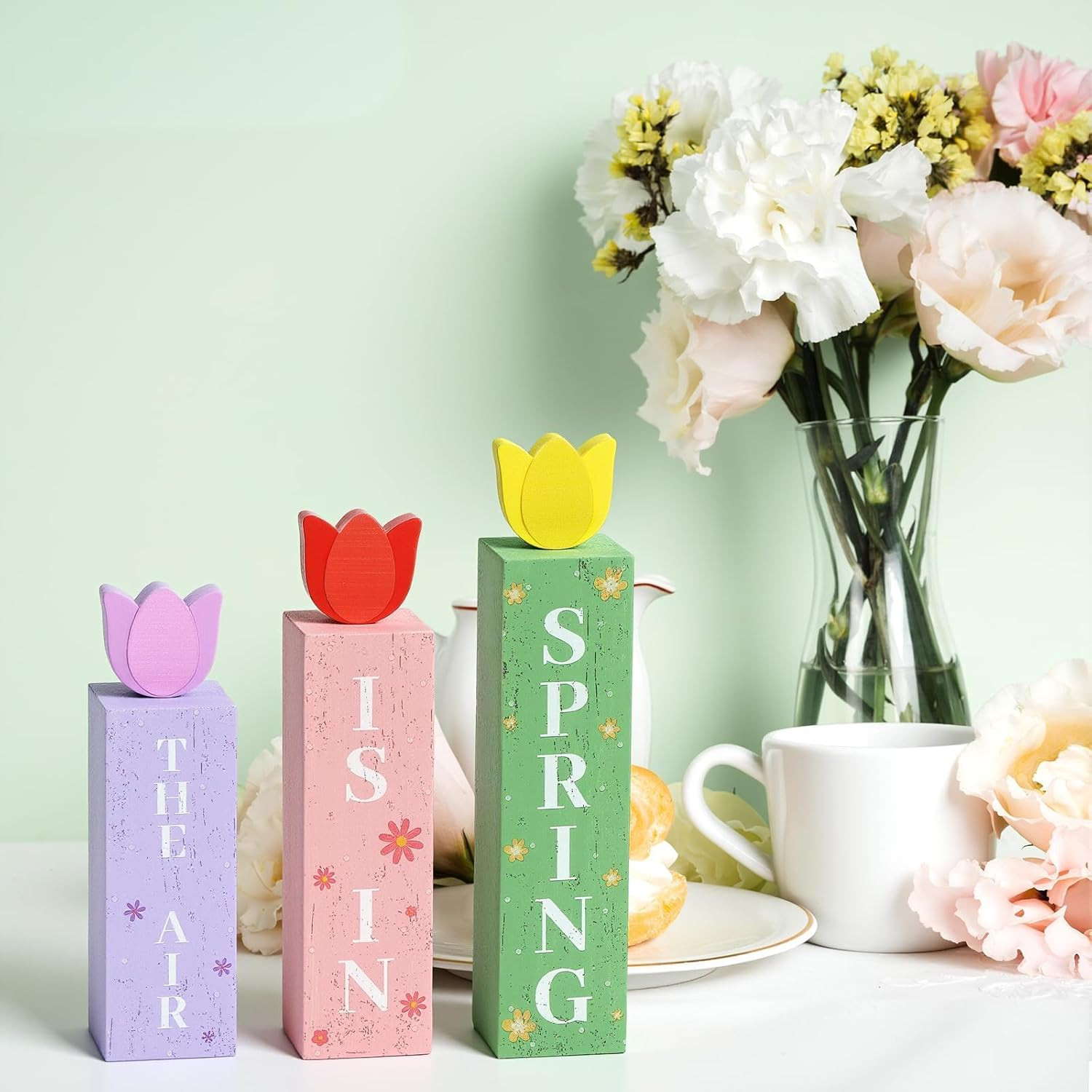 Spring Is In The Air Wooden Sign Set Farmhouse Tiered Tray Decor 3pc