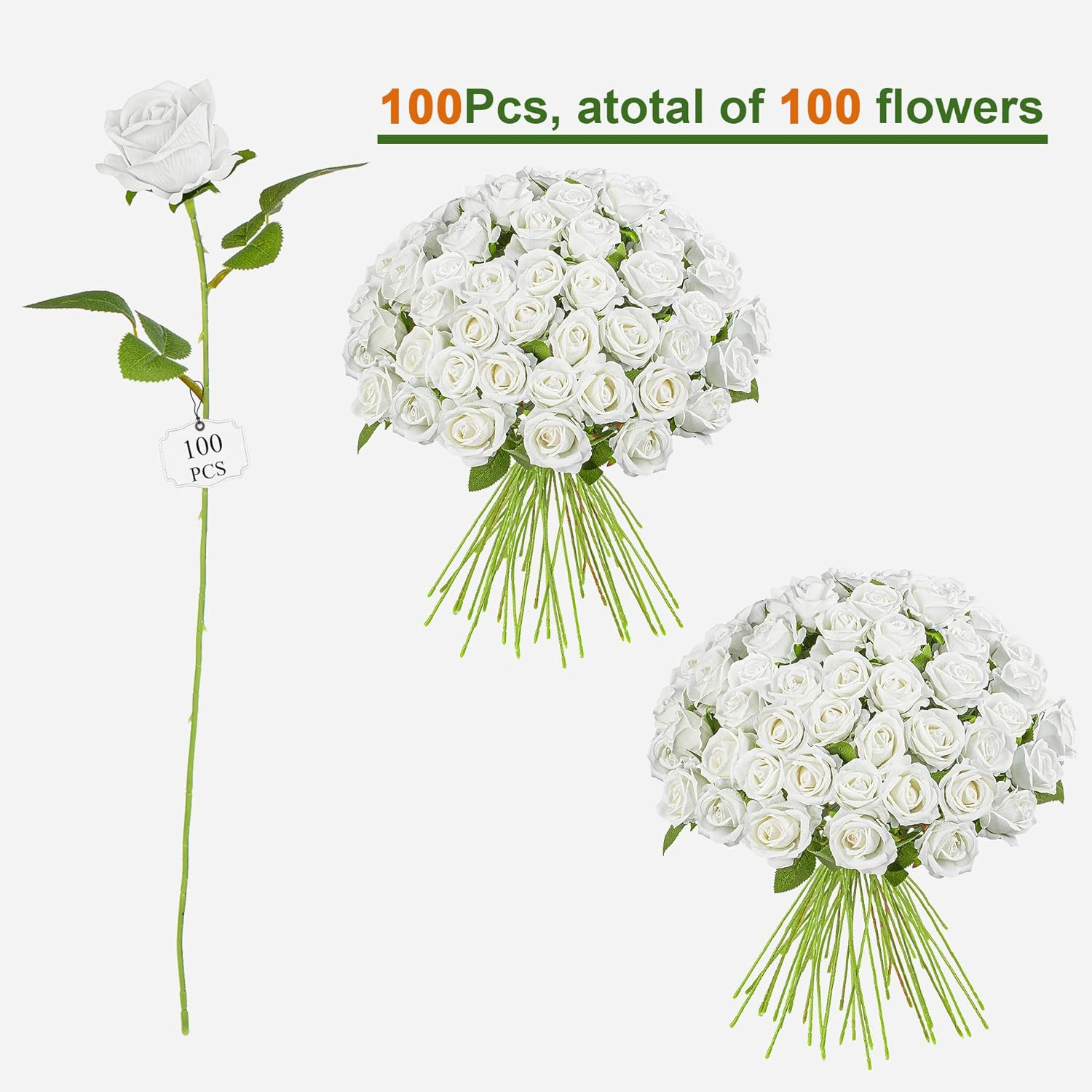 100PCS White Silk Rose Bouquet for Weddings, Home Decor & DIY Projects