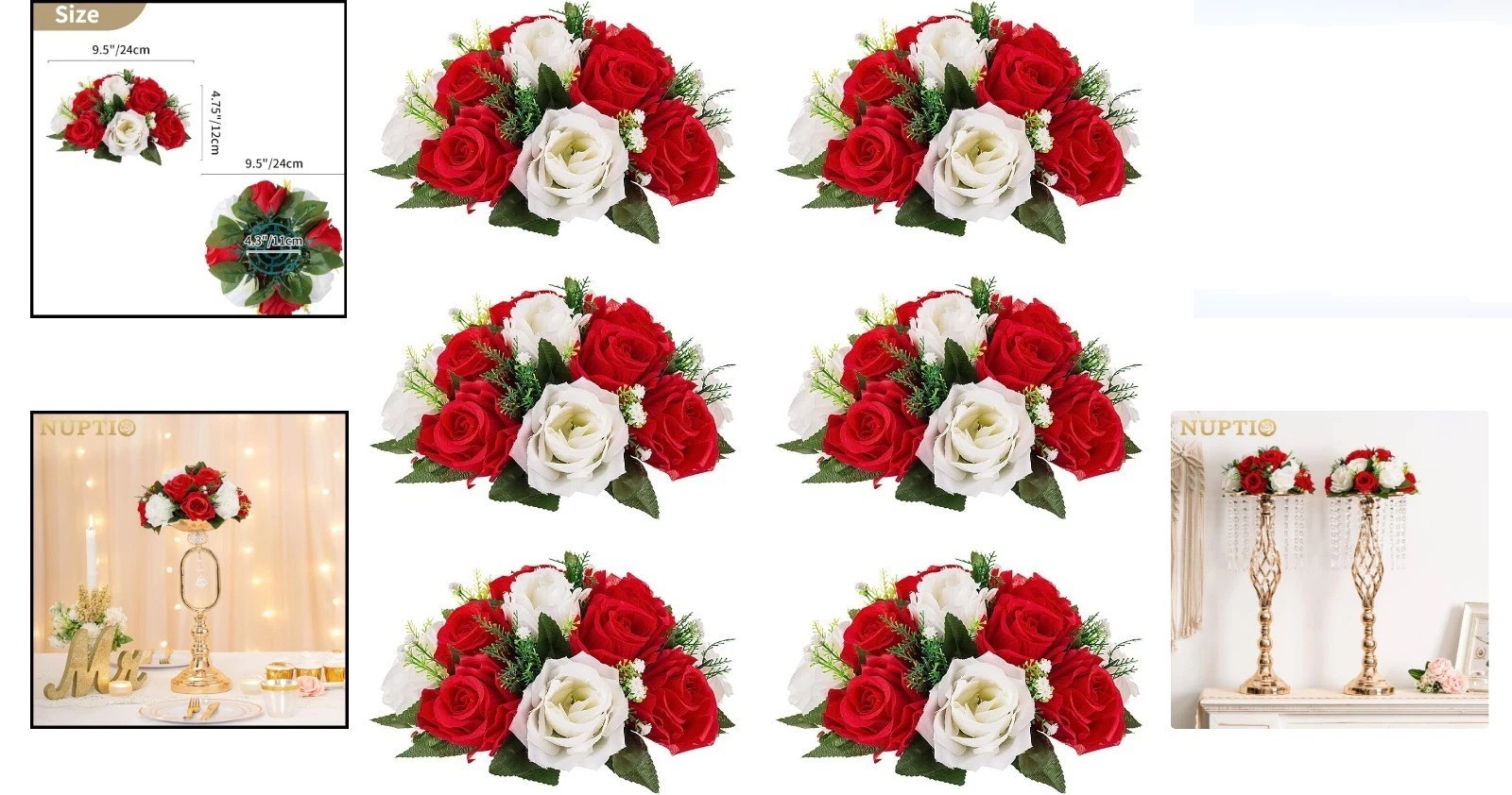 6 Pcs Artificial Rose Flower Ball Arrangement Bouquets Red White Wedding Decor