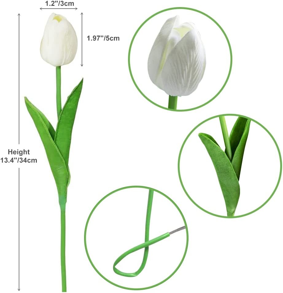 40× White Tulips Artificial Flowers with Baby’s Breath Silk Touch Faux Bouquet