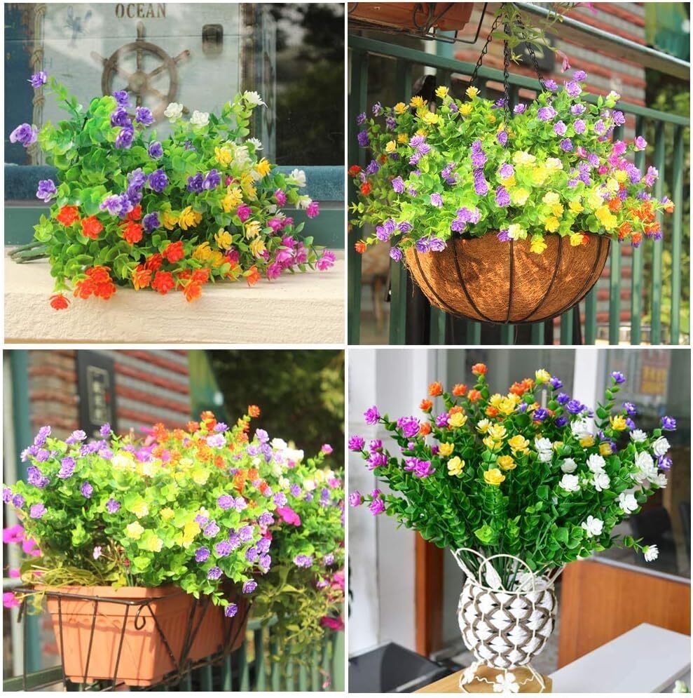15 Bundles Outdoors Artificial Flowers Faux Plastic Greenery UV Resistant Shr…