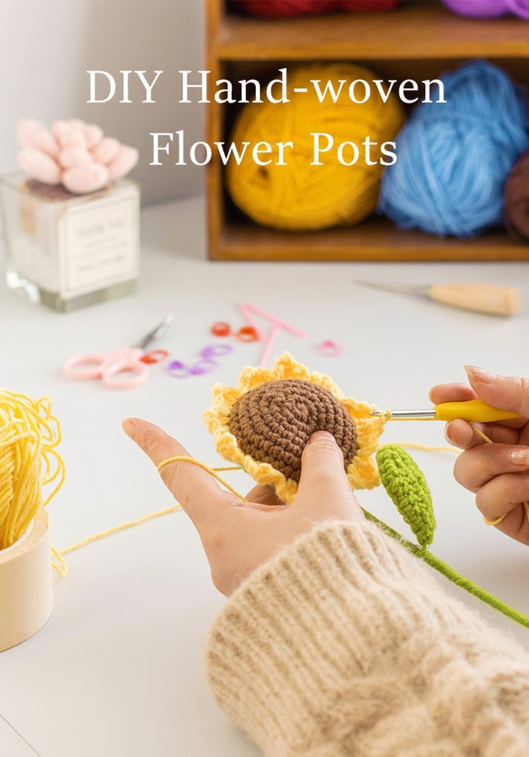 Crochet Sun Flowers Potted Flower, Handmade Knitted Sun Flores Birthday Gifts fo