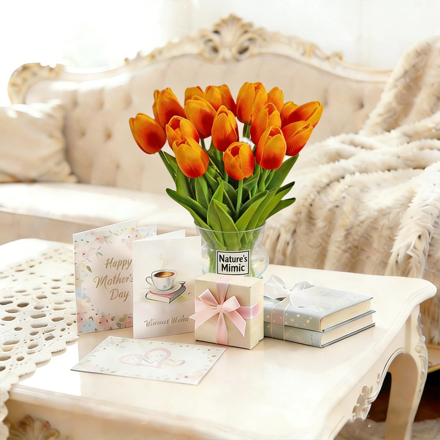 20 PCS OrangeRed Artificial Tulip Flowers 13 Inch Faux Bouquet Easter Decor