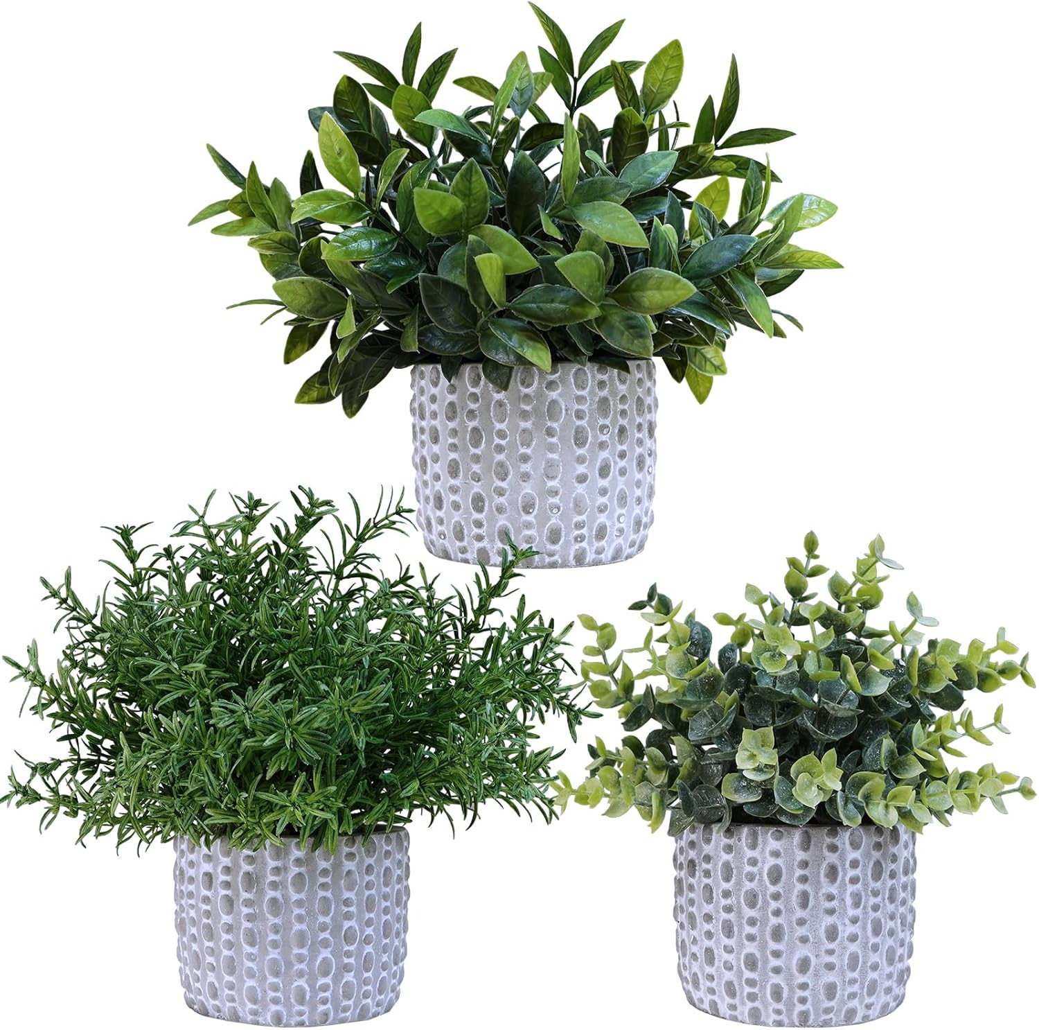 3 Pcs Artificial Potted Plants – Faux Eucalyptus, Boxwood, Rosemary, Greenery in