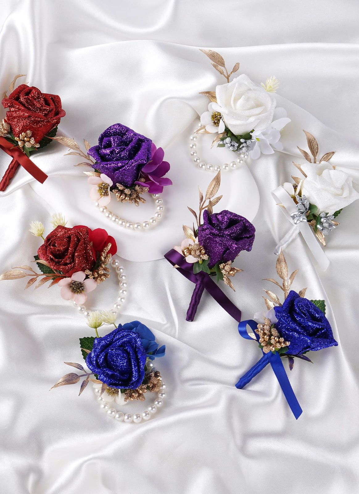 2 PCS Blue Boutonniere Corsage Set Artificial Flowers Wrist Wedding Prom Groom