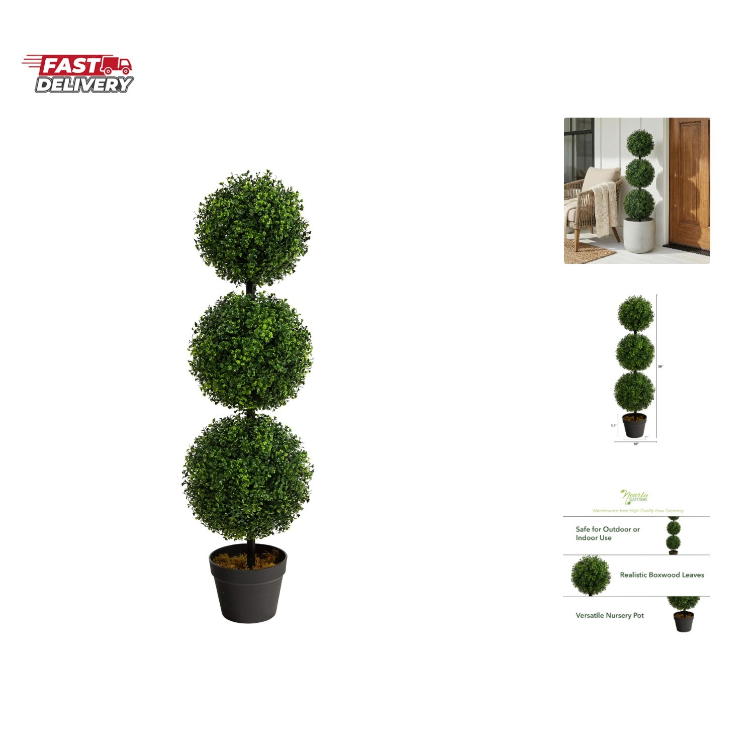 36in Artificial Triple Ball Boxwood Topiary Tree – Indoor Outdoor Realistic F…