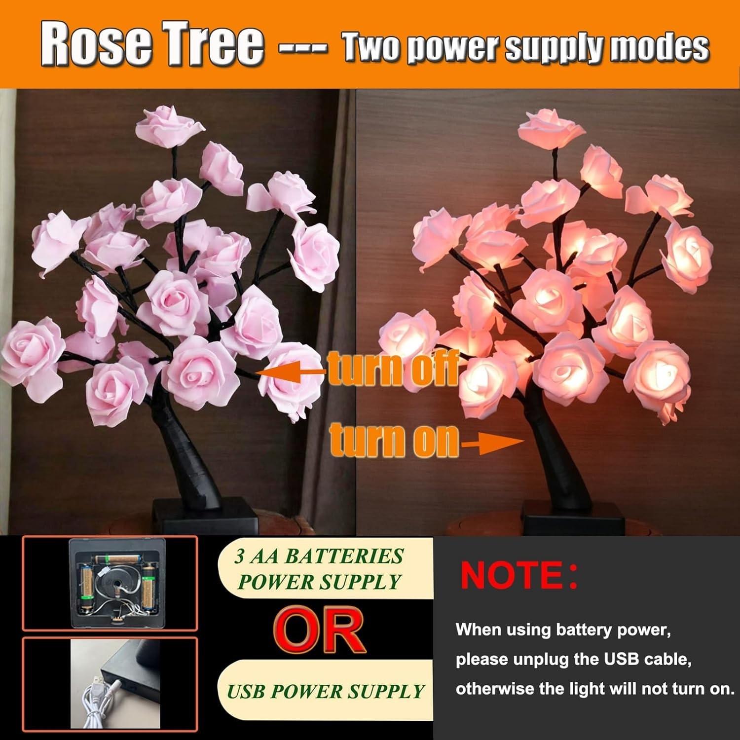 24 LED Pink Rose Tree Light, Artificial Bonsai Flower Table Lamp, USB Battery…