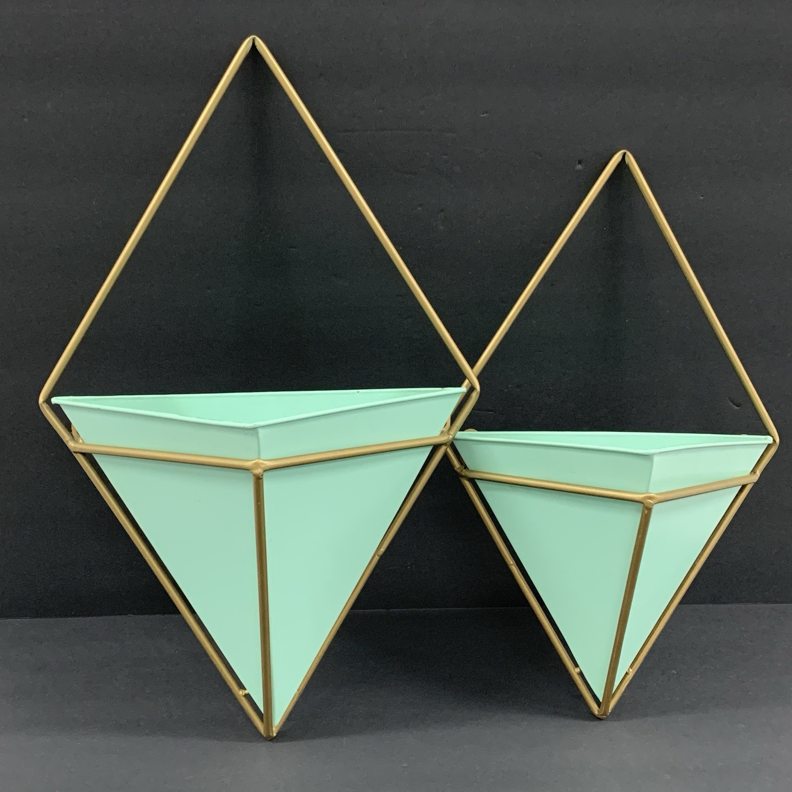 Hanging Wall Planter Geometric Decor Metal Container mint green brass Tone Set