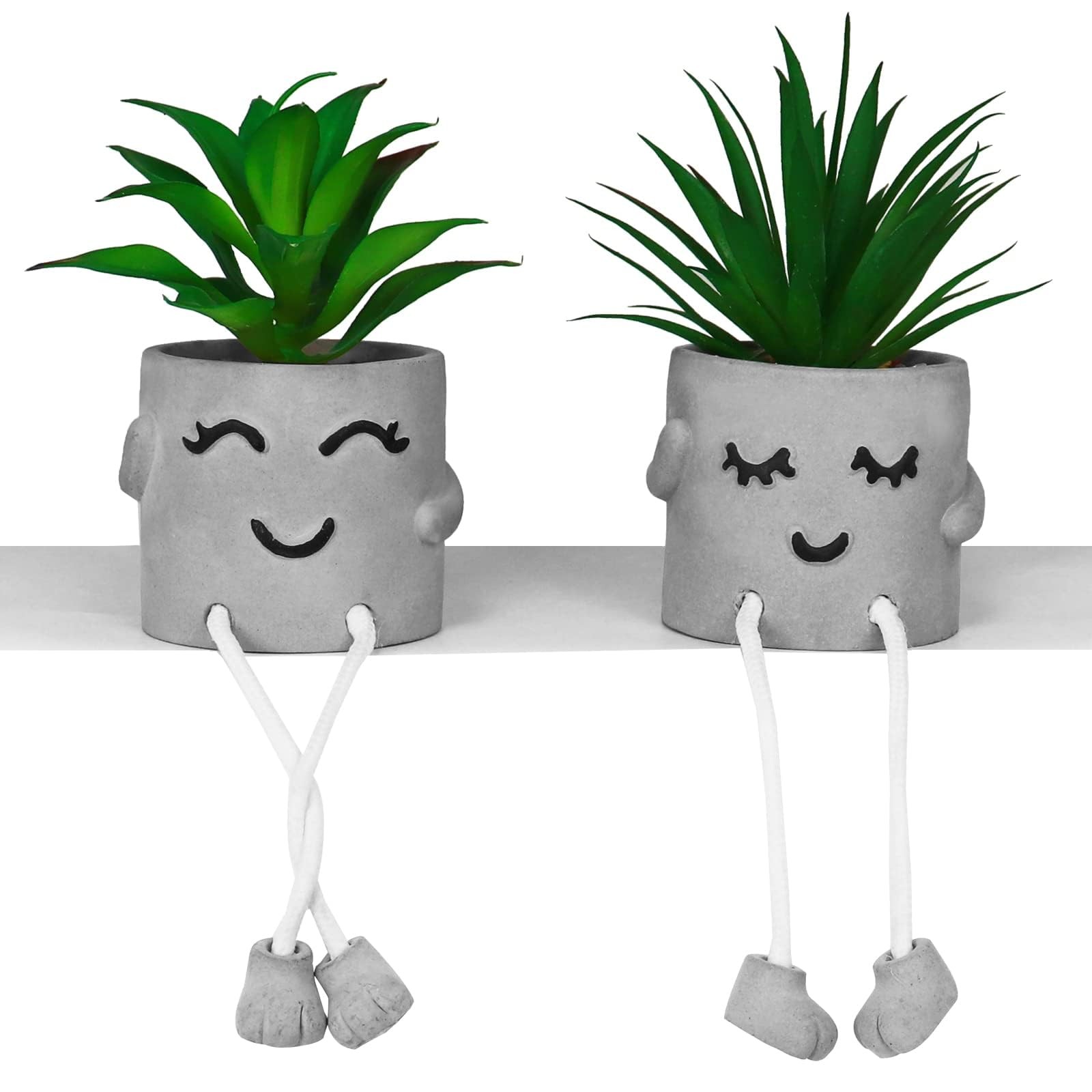Faux Succulents In Cement Pots With Hanging Leg Potted Mini Fake Plants For Desk