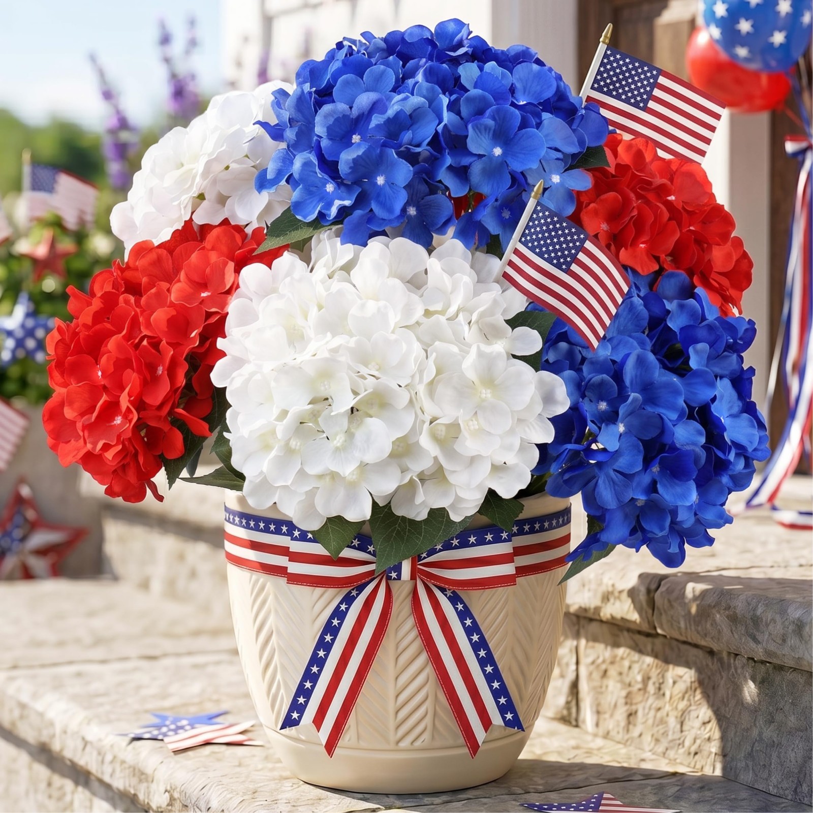 6 Bundles Patriotic Artificial Hydrangea Flowers – Red White Blue Decor for Memo
