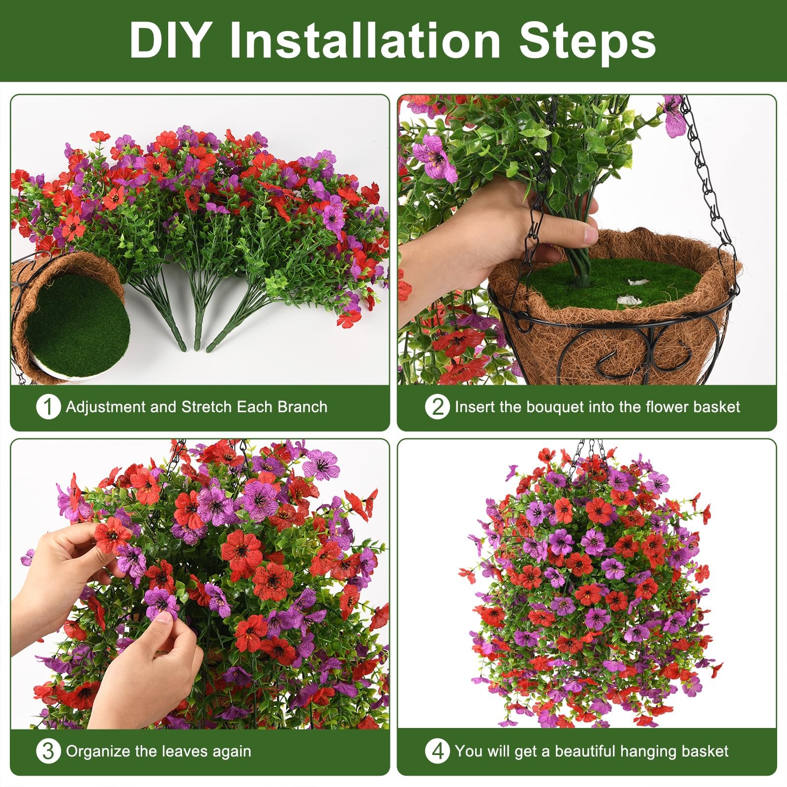 Artificial Hanging Flowers with Basket for Spring Outdoor Decoration 3 Bunche…