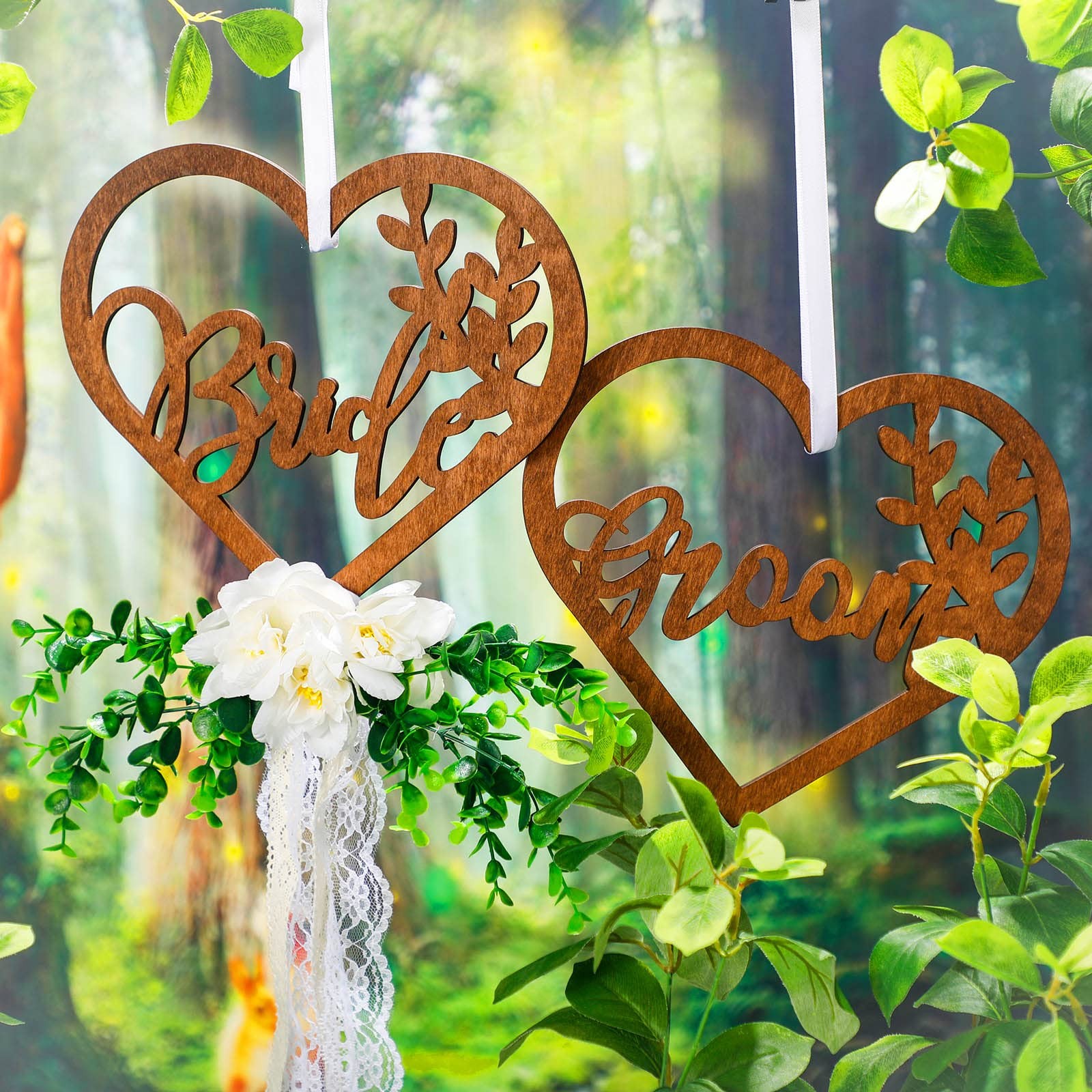 Bride and Groom Floral Chair Decorations Signs Wooden Rustic Mr Mrs Ribbons