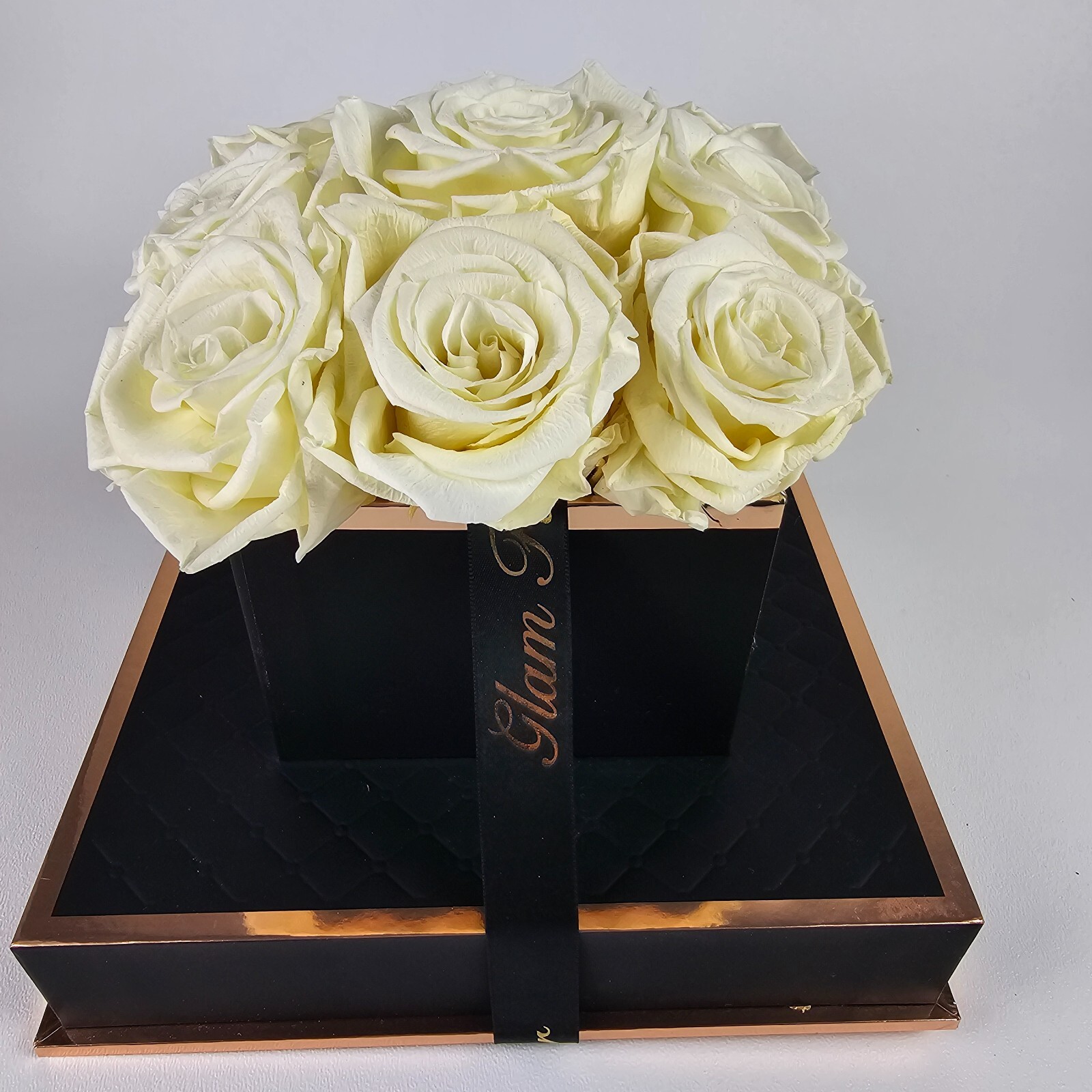 Glam Fleur Preserved 9 White Cream Real Roses in Square Gift Box