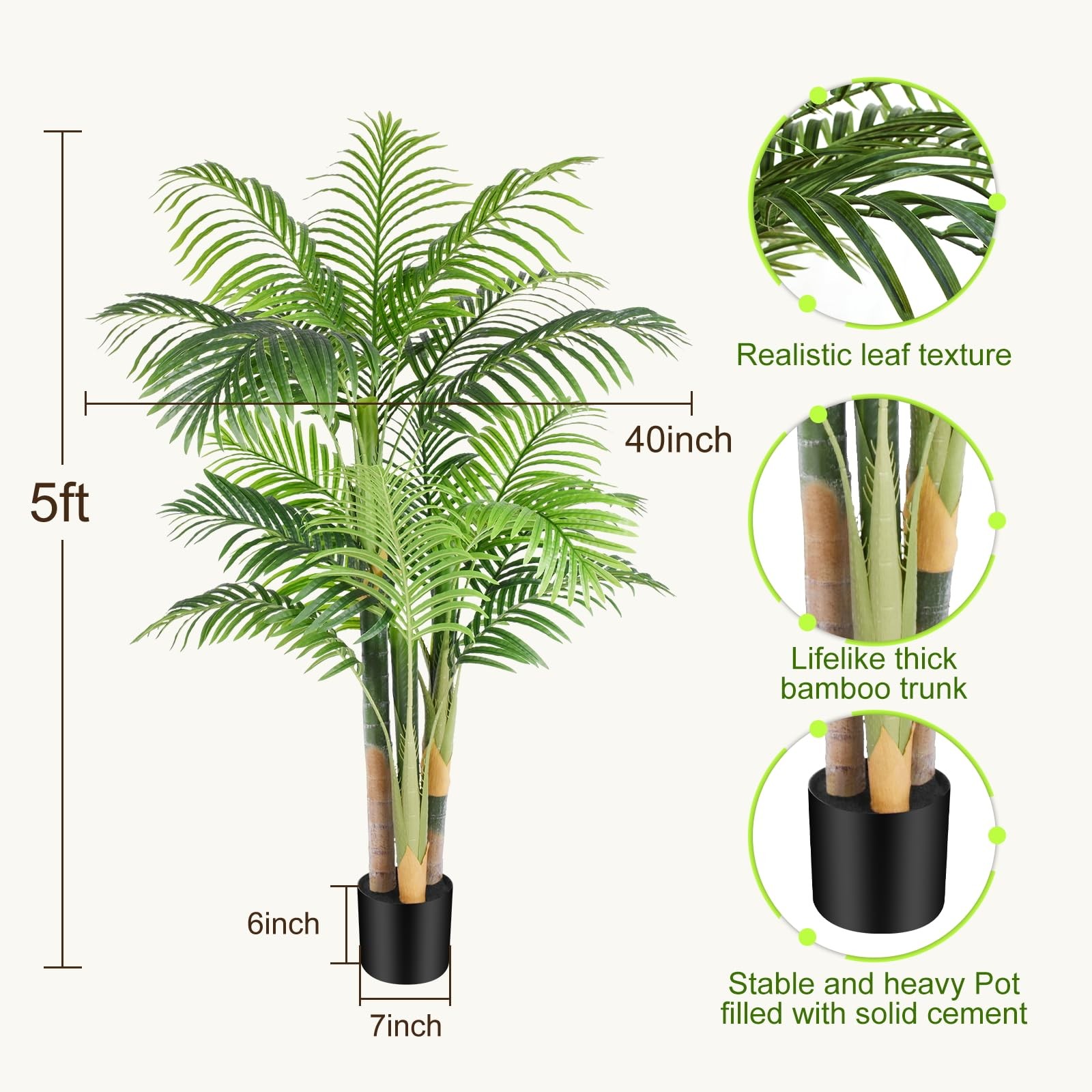 5ft Tall Triple Golden Cane Palm Artificial Tree Large Tropical Palm Tree UV …