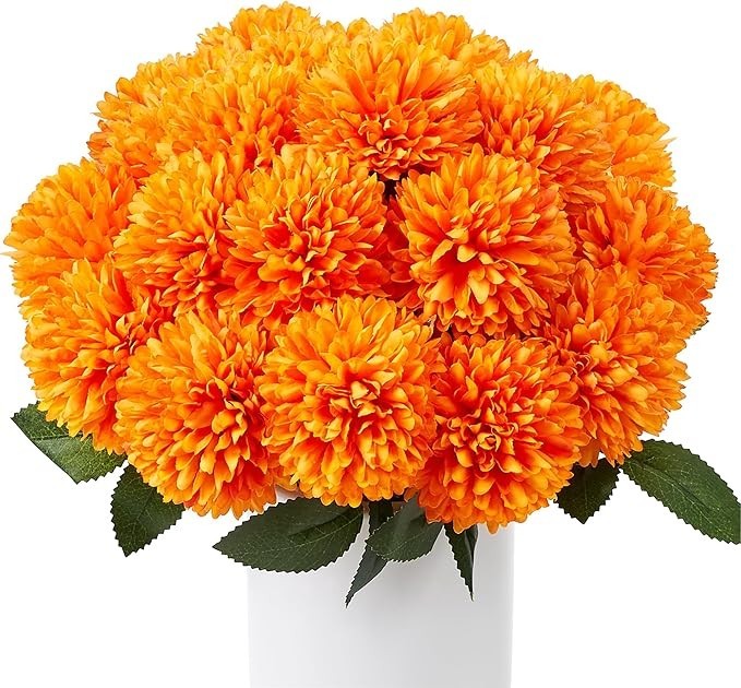 12 Pcs Orange Artificial Chrysanthemums Flowers Ball Flower Fake Mums Silk fo…