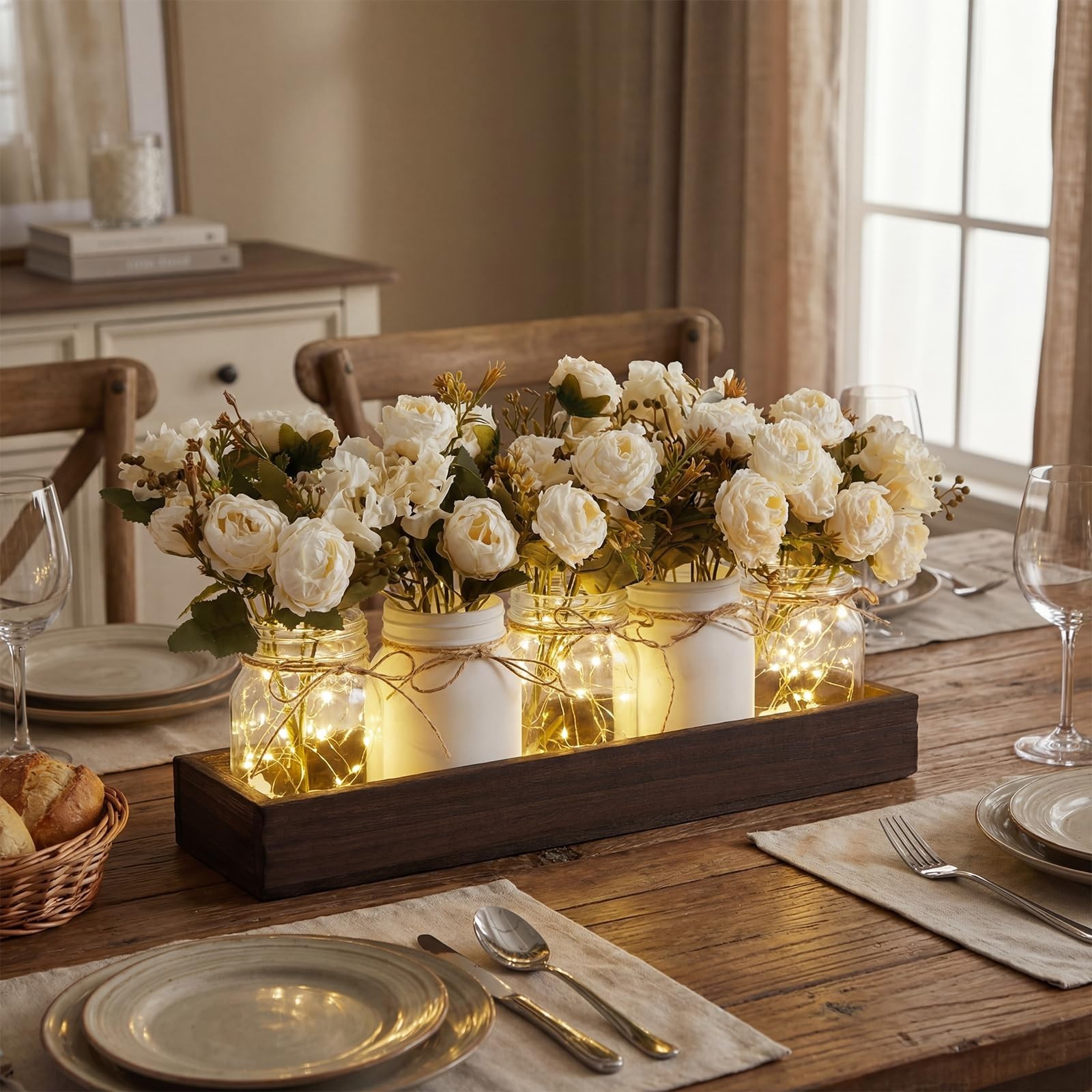 5 Pcs Peony Hydrangea Centerpiece Set with Wood Tray & LED Lights – Table Decor