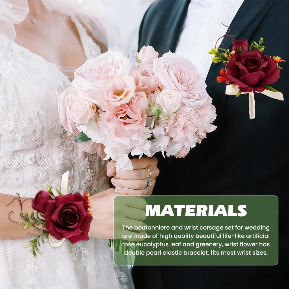 Wrist Corsage And Boutonniere Set Prom Artificial Flowers Wedding Red 2 PCS