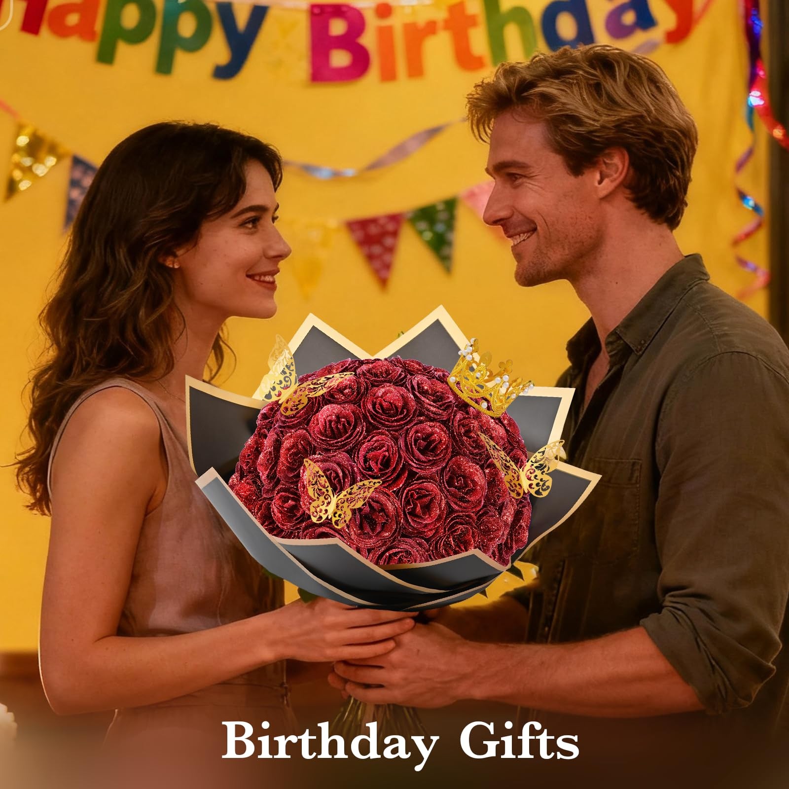 36 PCS Red Glitter Roses Bouquet DIY Fake Flowers Birthday Anniversary Gift