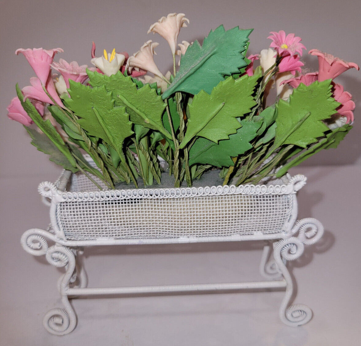 Spring Floral Artifical Arrangement in a Ornate White Metal Stand Small 5x5x1.75
