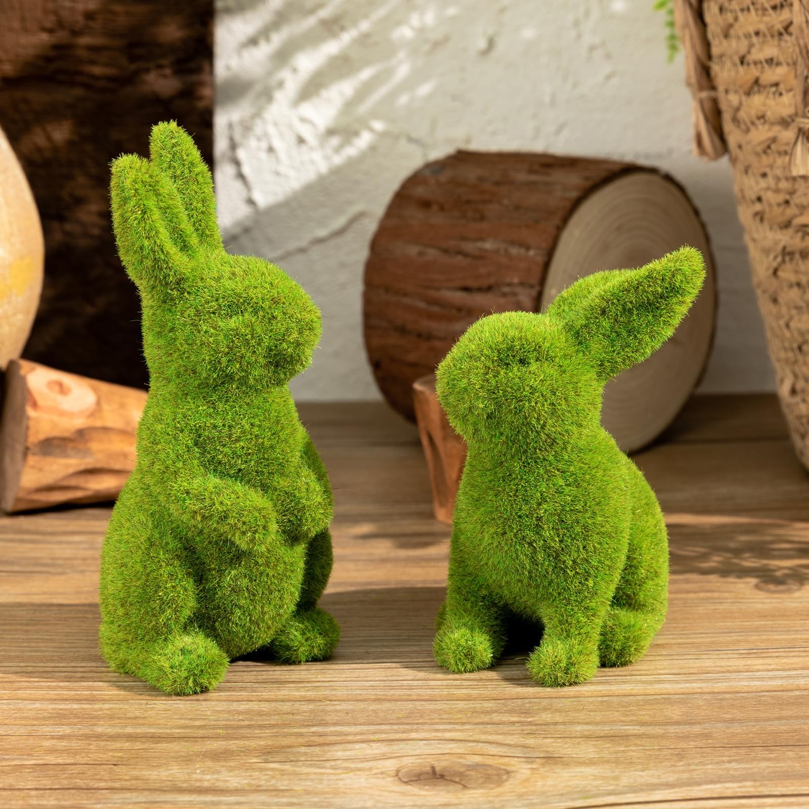 2 PCS Small Green Moss Easter Bunny Decorative Ornament Artificial Sculpture