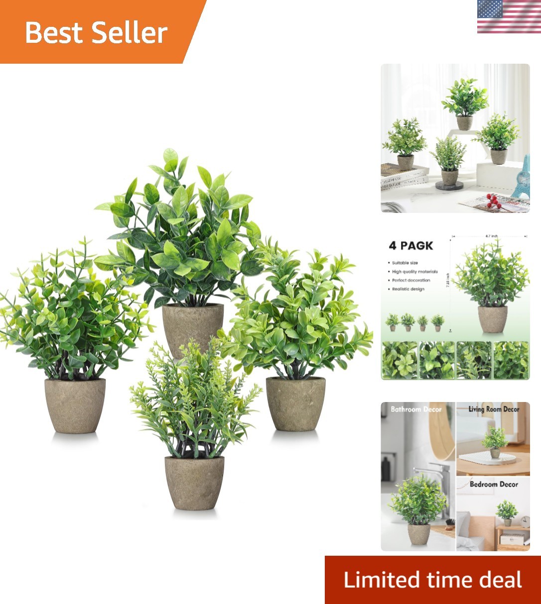 4 Pack Realistic Mini Eucalyptus Ceramic Potted Plants – Effortless Indoor Decor