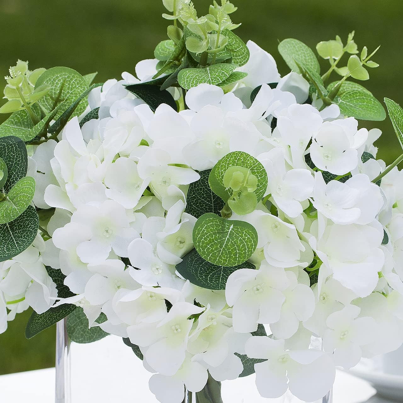 Elegant Silk Hydrangea Arrangement in Faux Water Vase for Home & Weddings