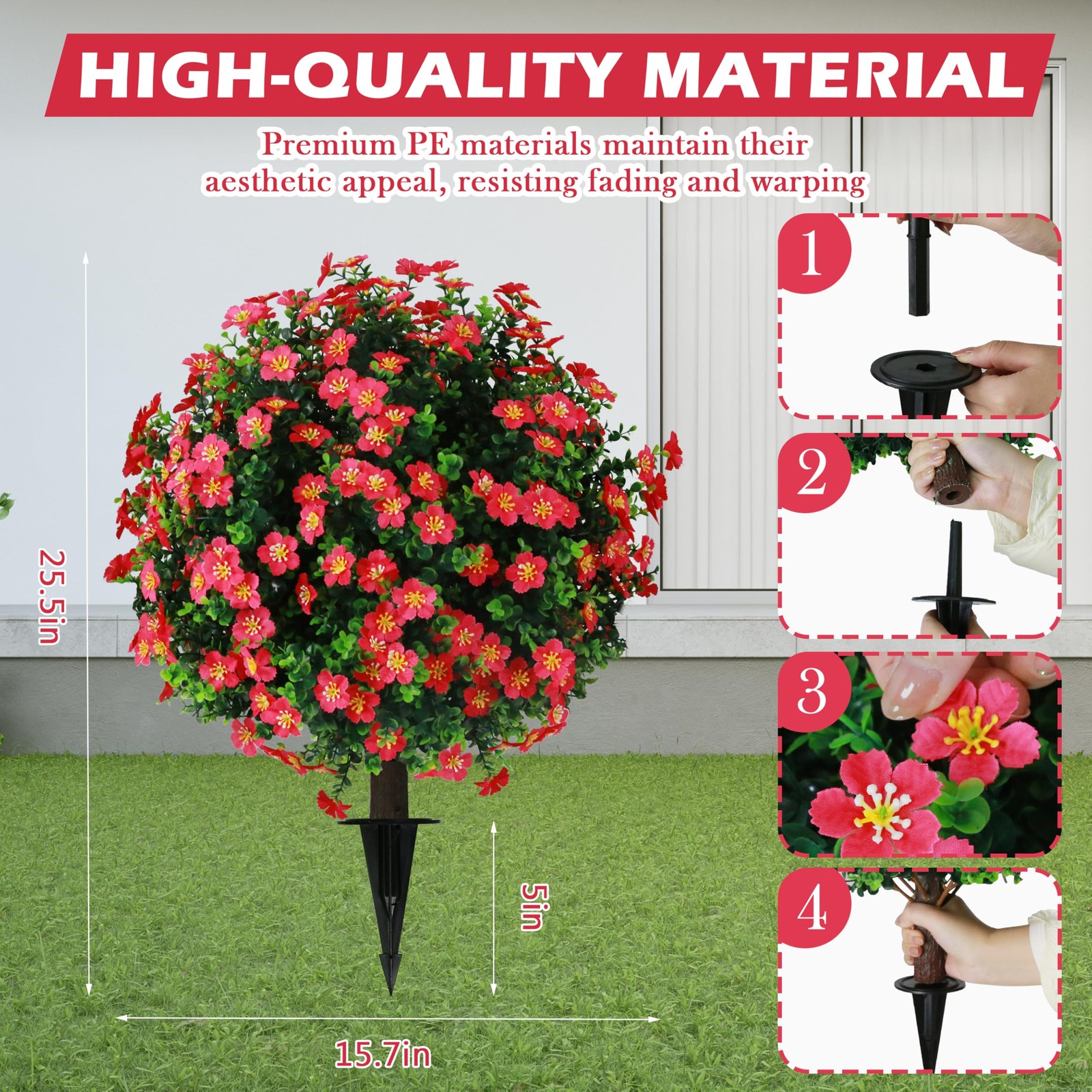 Sunnyglade Set of 2 Artificial Boxwood Topiary Ball Trees with Red Flower, Fa…
