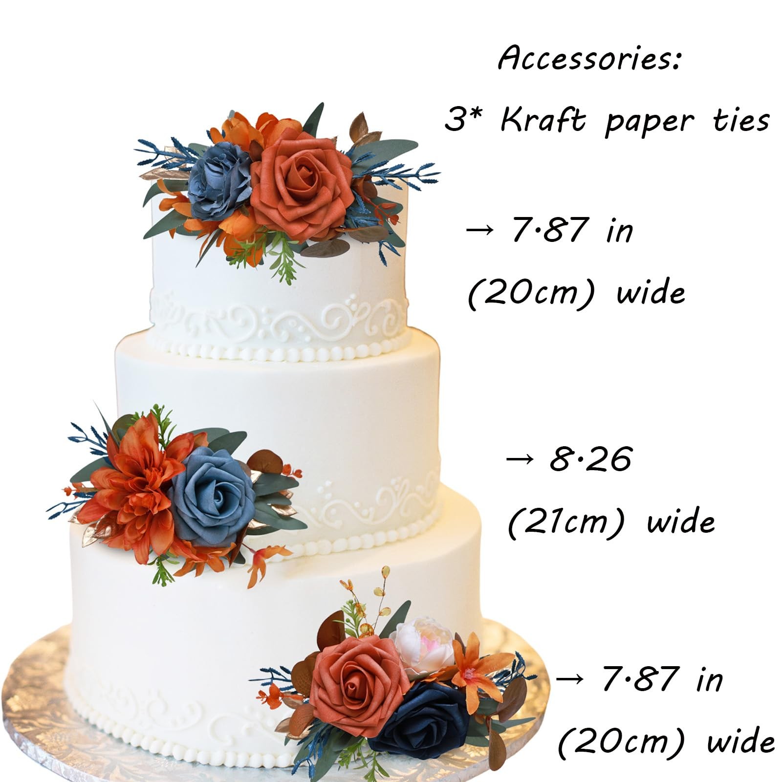 3Pcs Cake Topper Set Wedding Artificial Flowers Decor Burnt Orange-Blue Perfe…