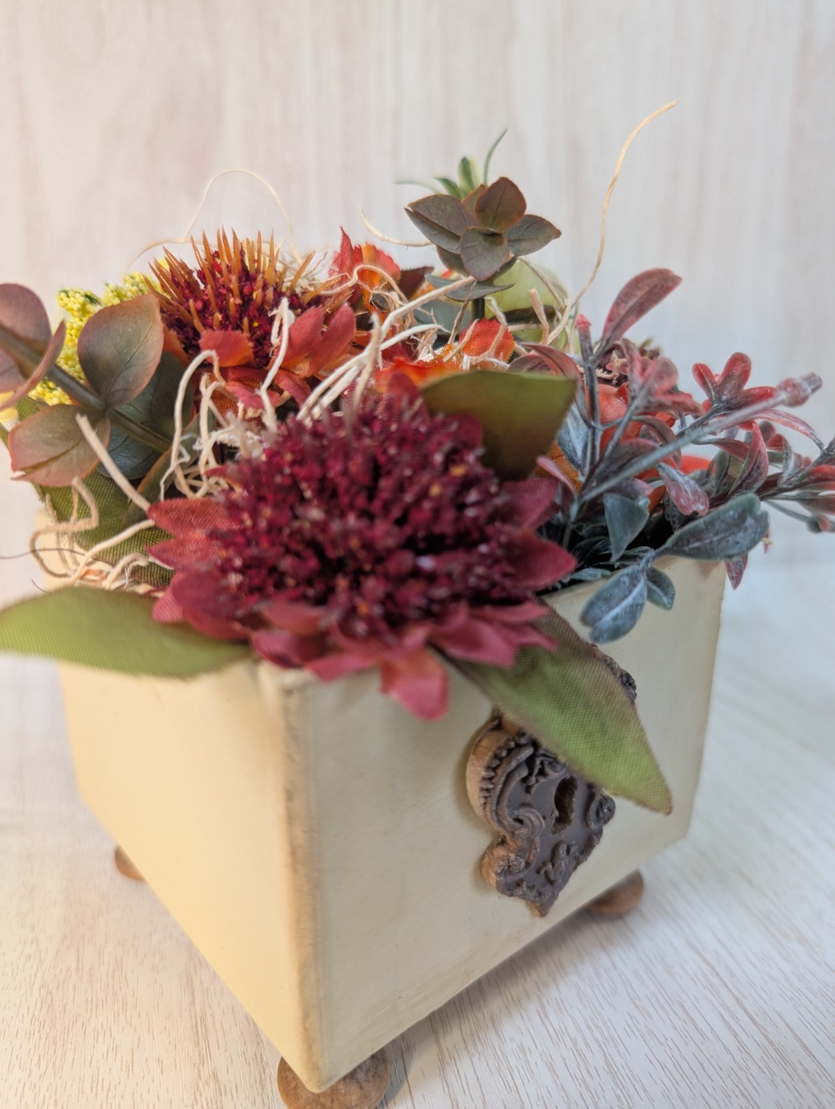 Set of 2 Handmade Fall Floral Centerpieces Rustic Farmhouse Wood Planter Decor