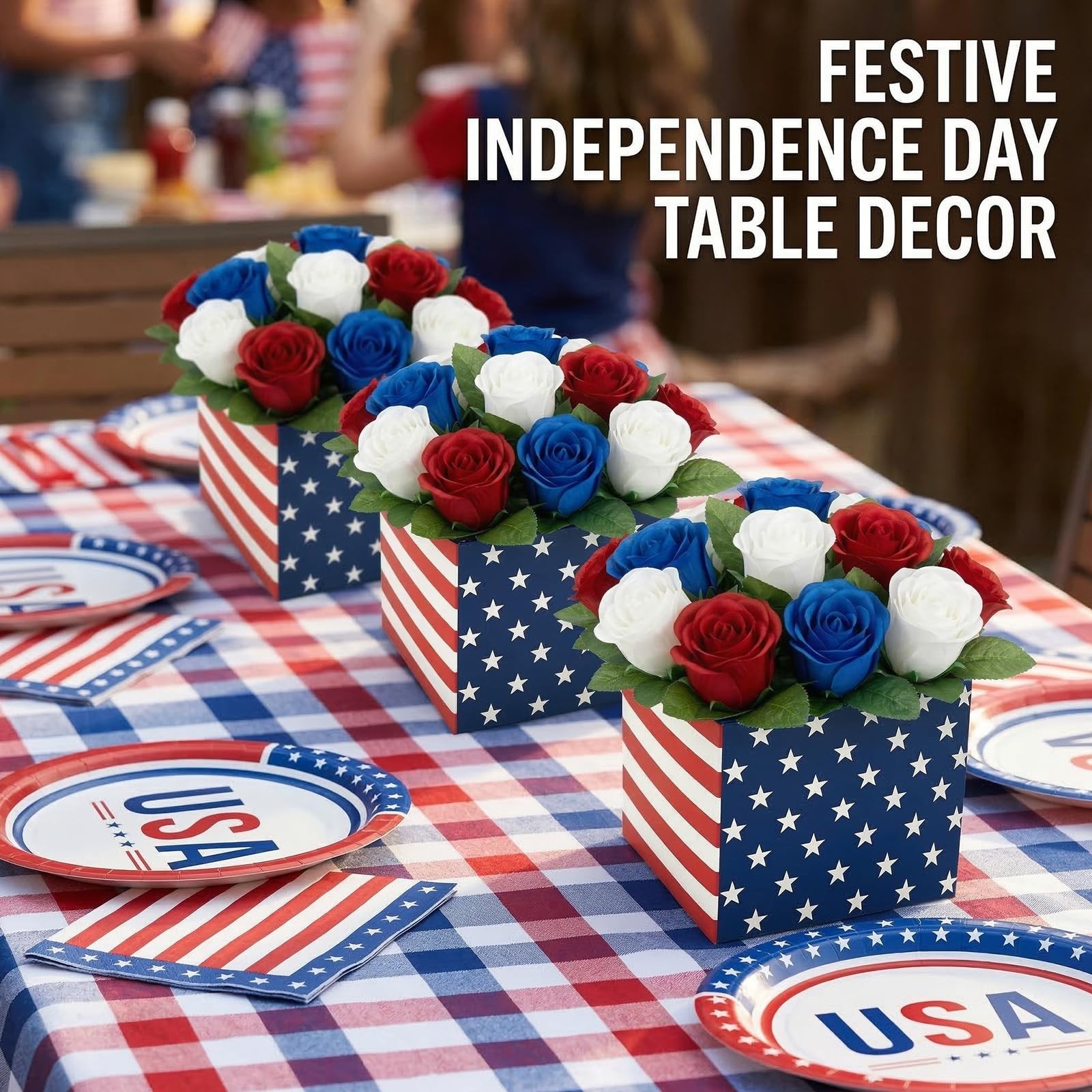 Red White and Blue Patriotic Table Centerpiece Decor American Flag Box Decora…