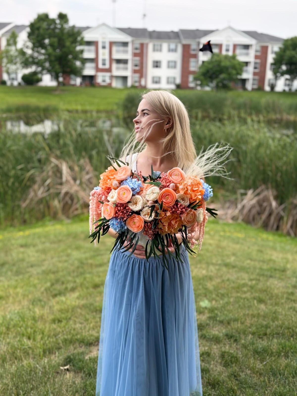 Preserved Flower Arrangement, Peach Blue Boho Centerpiece, Long Lasting Bouquet