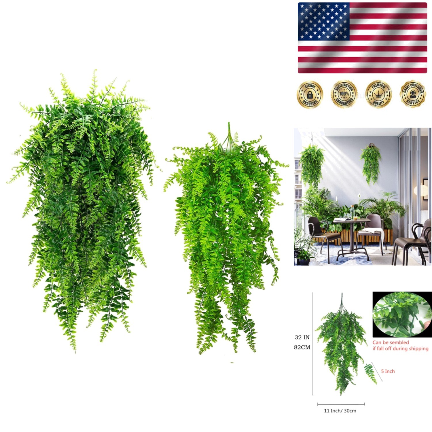 Bakery-Quality 2 Pack Fake Ferns – UV Resistant Hanging Plants for Chic Spaces