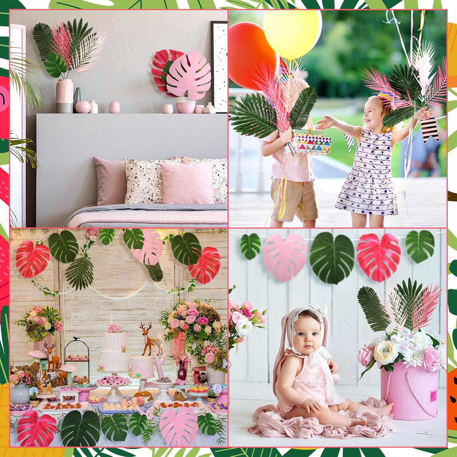 46 Pcs Tropical Artificial Palm Leaves Monstera Decoration Green Hot Pink Set fo