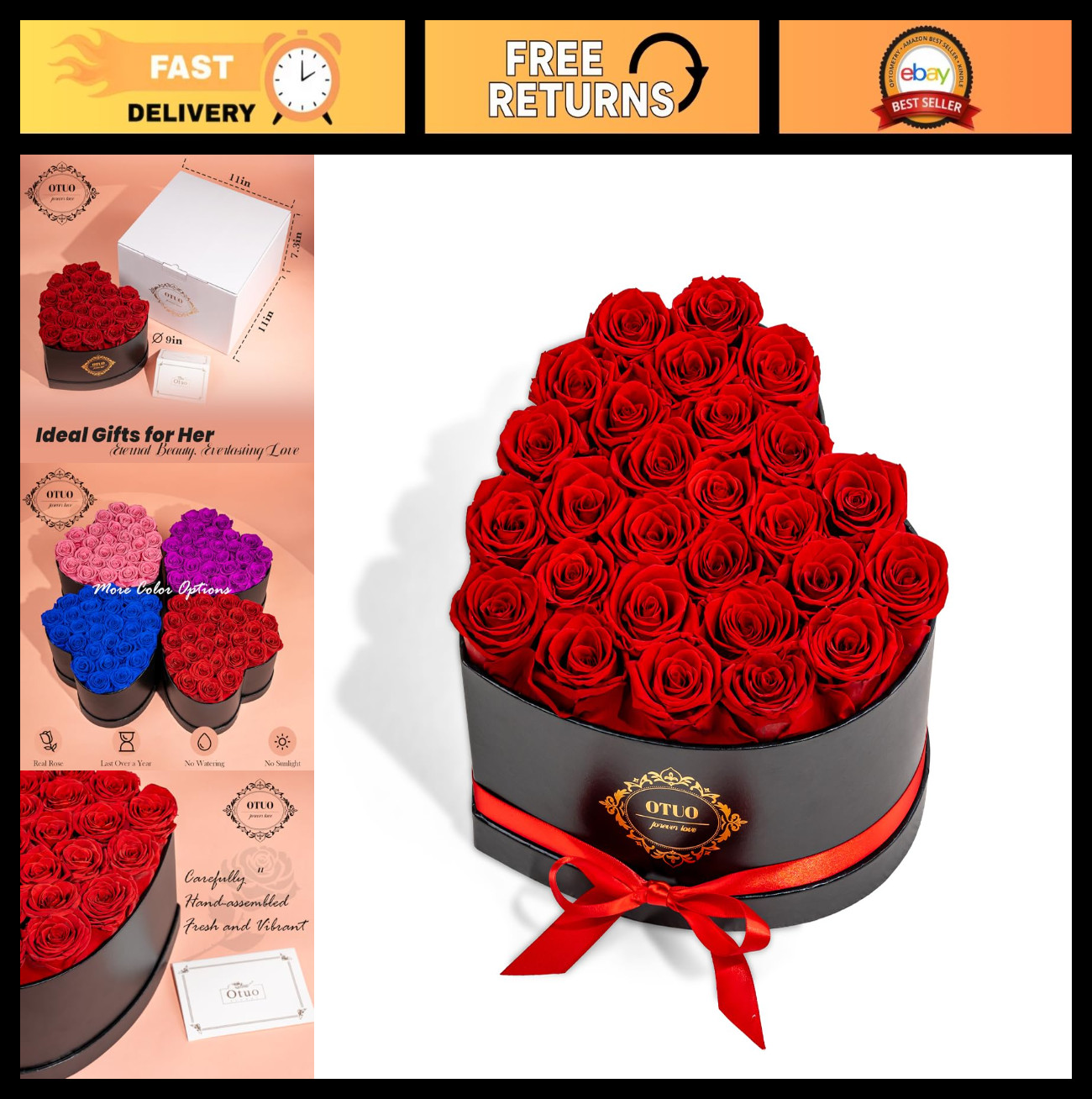 27 Preserved Red Roses in Heart Box – Lasts 2 Years, Forever Flowers for Gifts