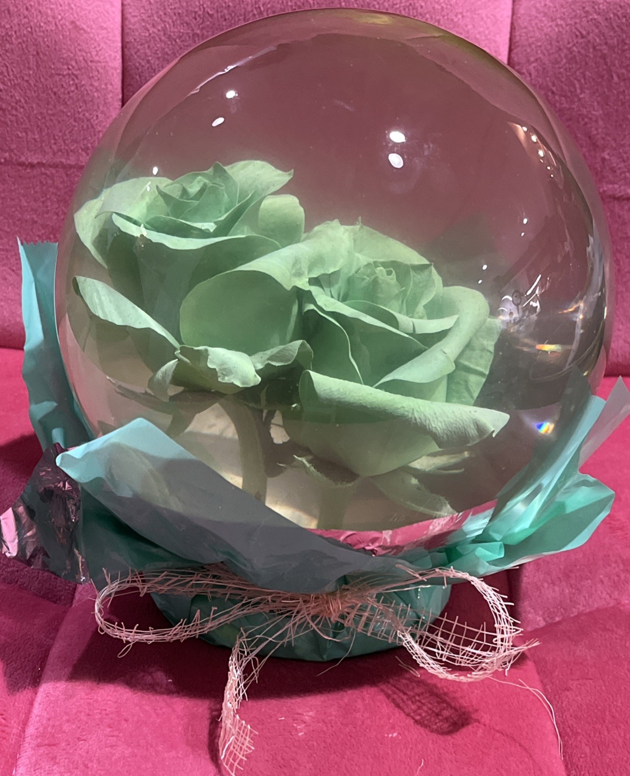 Vtg. Green Eternal Rose Real Preserved Rose Ball In Water Dome/Globe; Lg 6”-7”