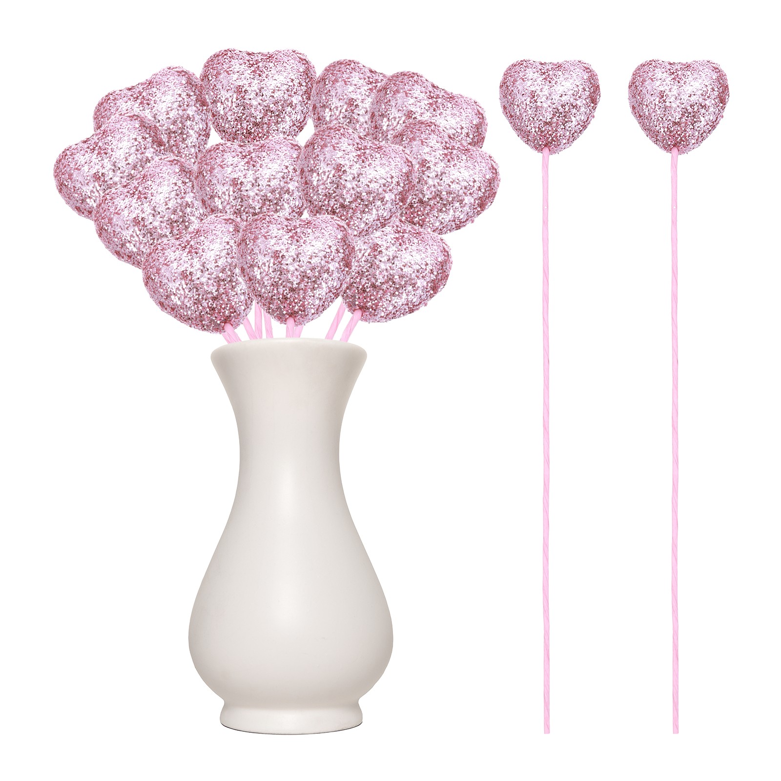 12 Pcs Glitter Heart Shaped Picks Puffy Foam Hearts Stick (Pink, 3cm x 21cm)
