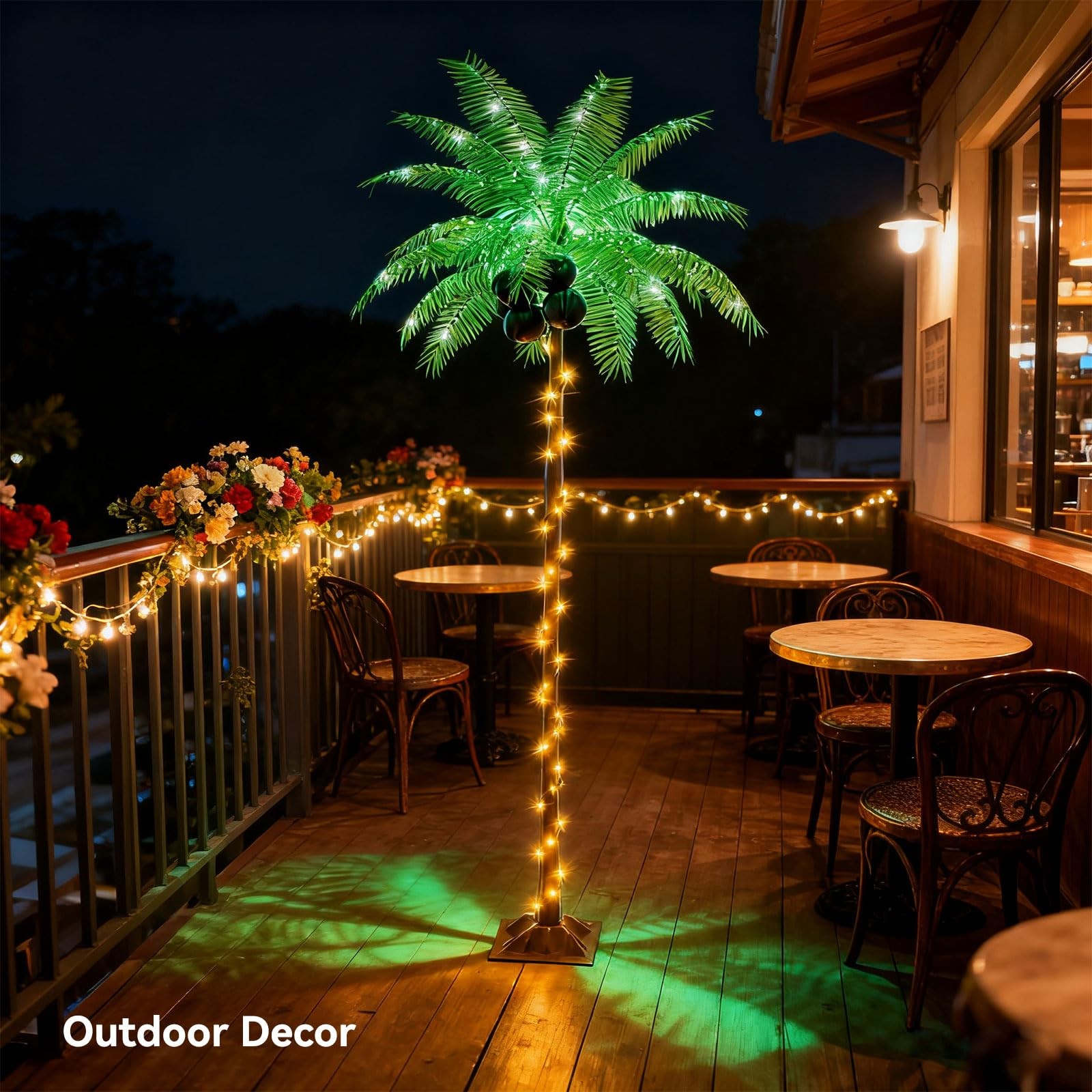 7FT Solar Plug In LED Palm Tree Artificial Fake Coconut Tiki Bar Outdoor 5 Cocon