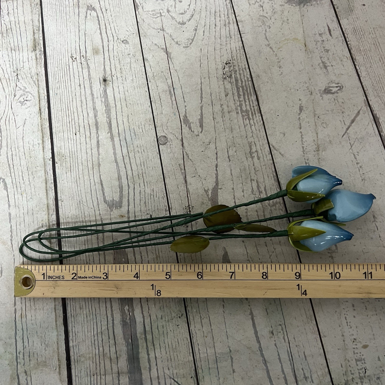 Vintage Set Of 3 Blue Ceramic Tulips Rosebuds Flowers Decor Stems Leaves