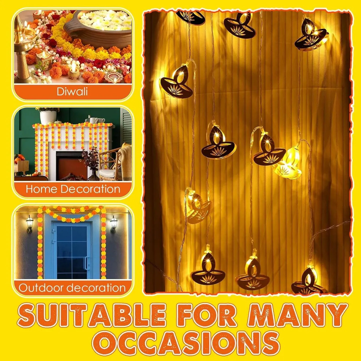 10 Pcs Diwali Decoration Set 5ft Artificial Marigold Garland 6.56ft String Light